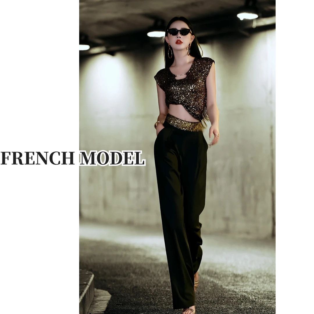 法模FRENCH MODEL .2025春季时装裤腰亮片休闲裤女装  40660554