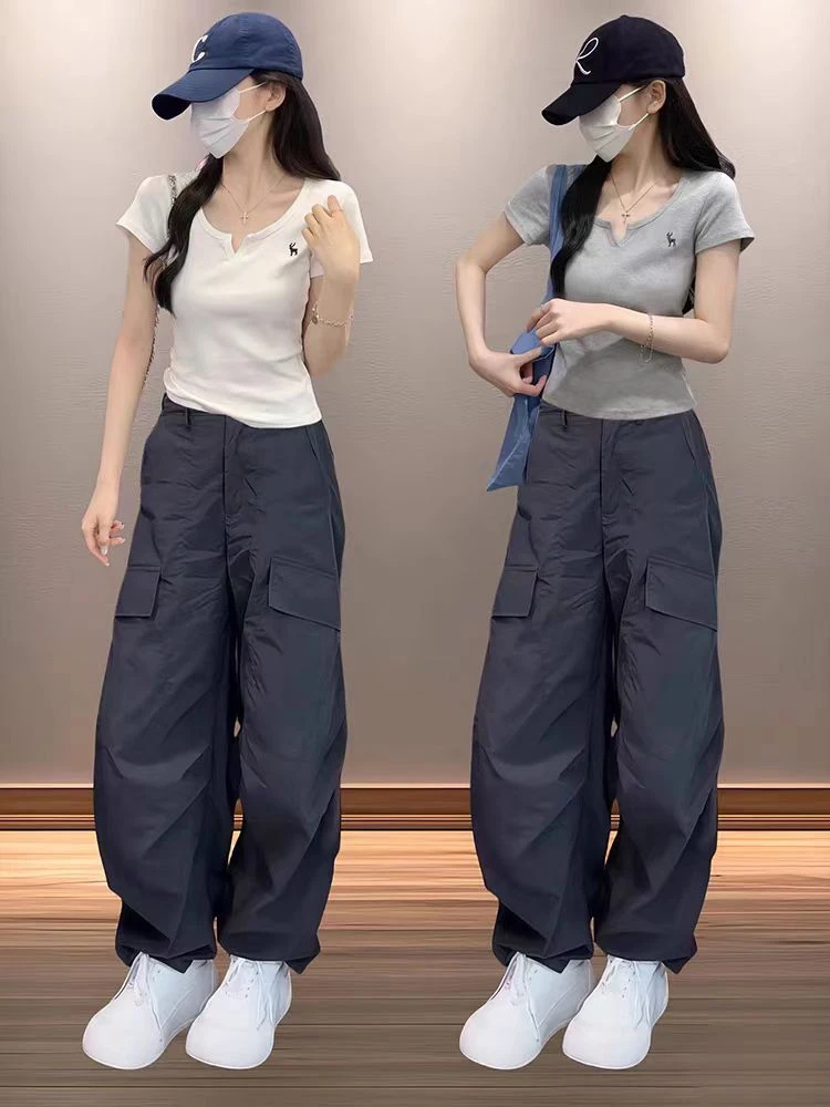 大码女装2025夏季高腰薄款香蕉口袋黑色工装裤胖mm显瘦直筒休闲裤