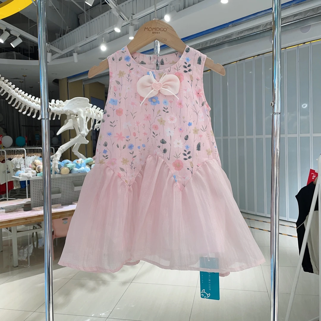 MOMOCO夏季女童时尚立体花甜美网纱拼接无袖连衣裙77630476056