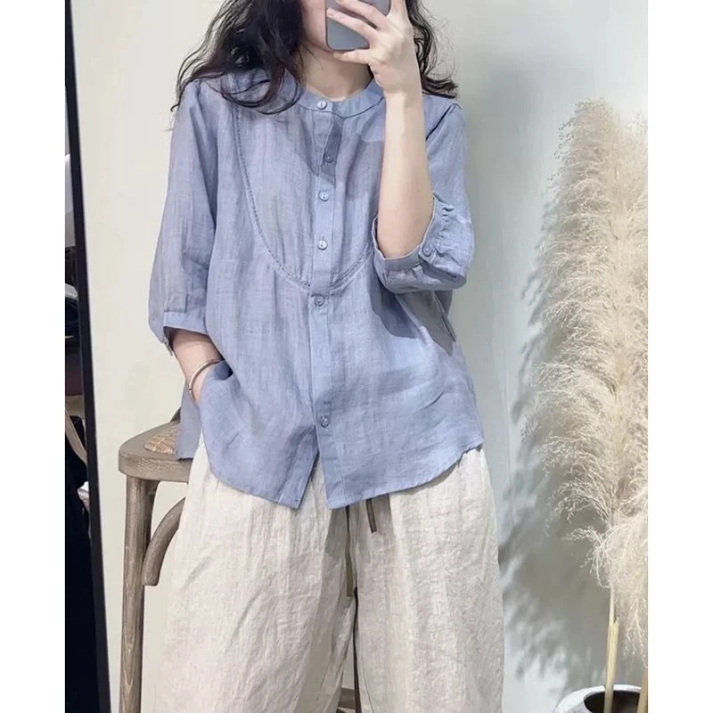 大码纯色七分袖衬衫女夏季2025年新款宽松百搭休闲单排扣衬衣开衫