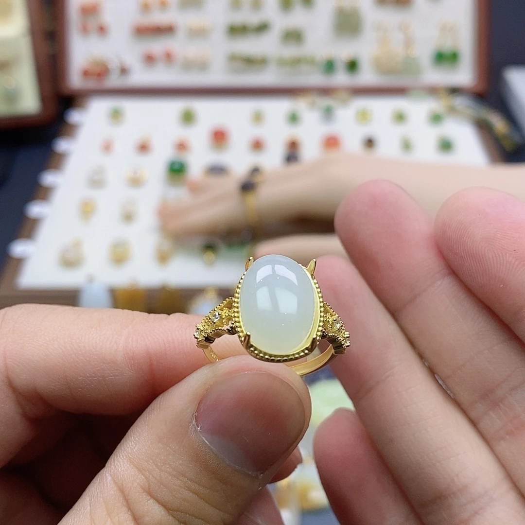 和田玉戒指银S925镶嵌陌*笑