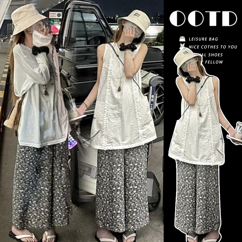 { 糕糕 }孕妇装2025夏季新款韩系木耳边A字裙上衣+碎花九分裤套装