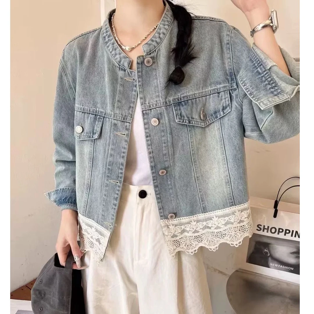 韩系蕾丝花边拼接做旧牛仔外套女2025春季新款圆领休闲短款上衣