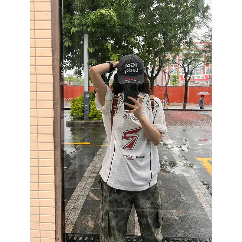 夏季美式复古风球衣篮球男网眼速干宽松短袖t恤高街潮牌骑行短袖