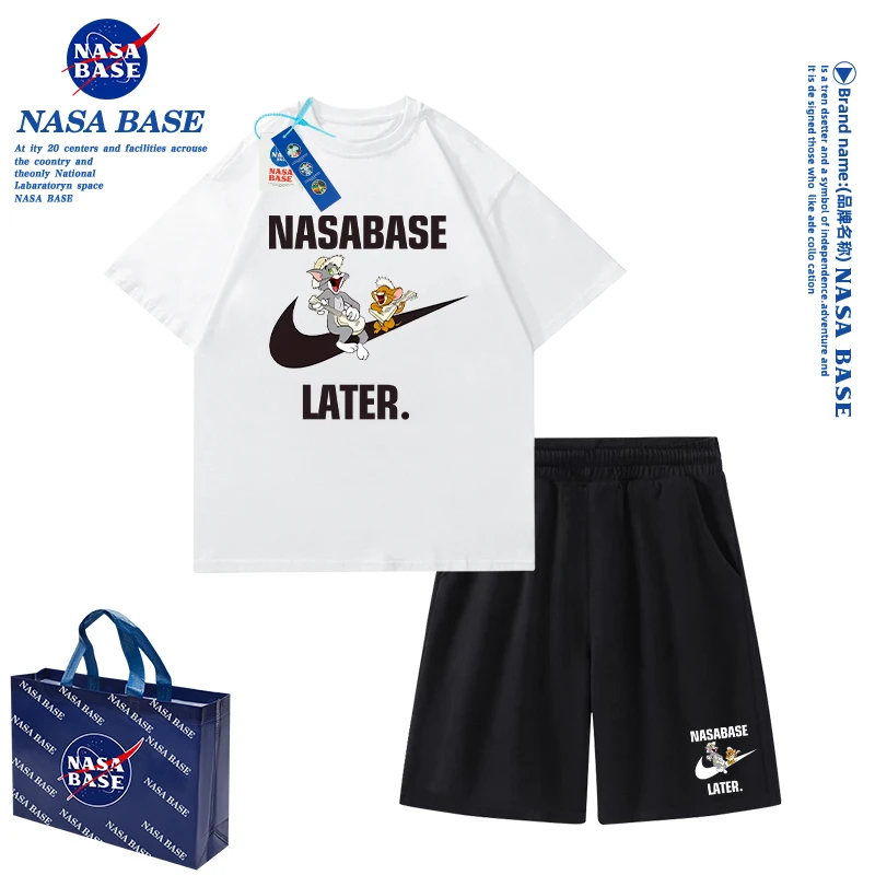 NASA BASE猫和老鼠儿童t恤短袖2024新款夏季男孩纯棉儿童上衣套装