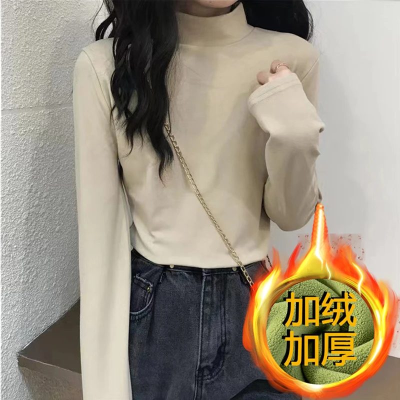 8927#内搭加绒加厚半高领修身打底衫保暖上衣女冬季小高领长袖衫