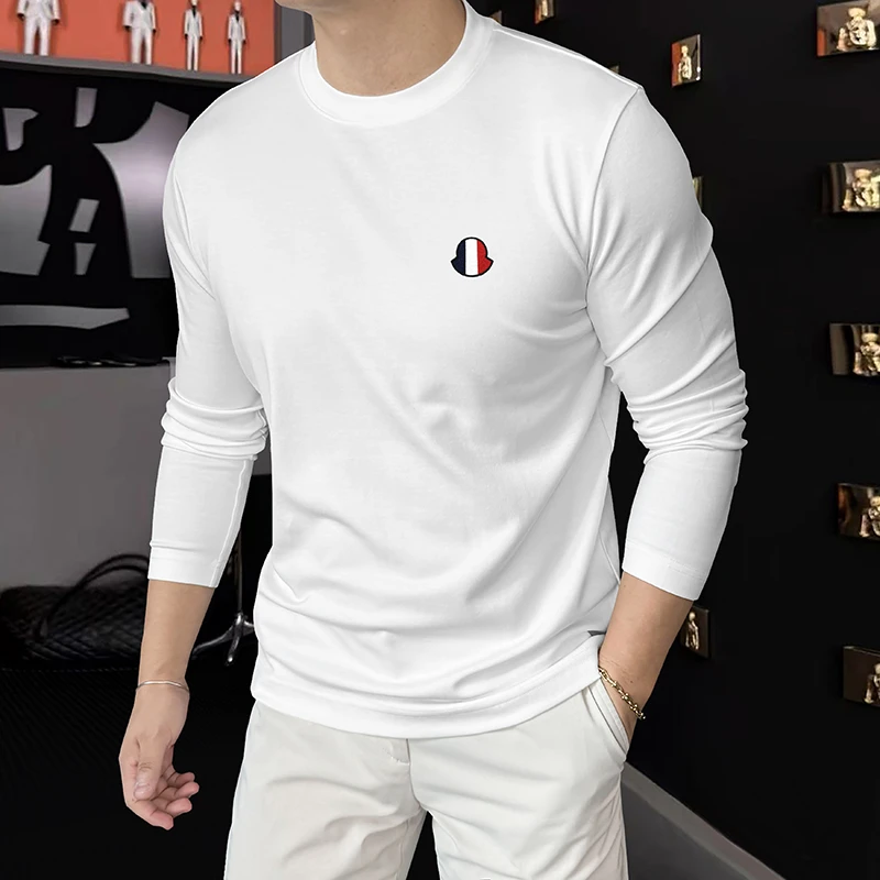 2025秋季新款男士刺绣舒适弹力长袖T恤卫衣男休闲圆领打底衫修身