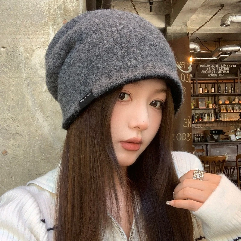 女秋冬季双层撞色针织帽大头围冷帽百搭套头帽子保暖显脸小堆堆帽