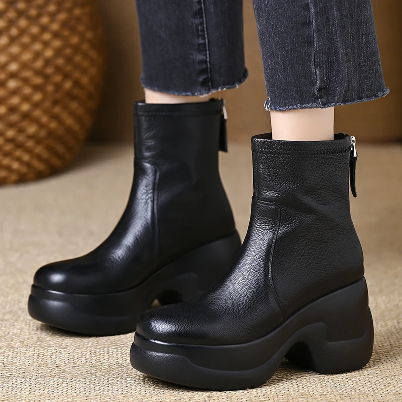 小个子高跟靴子女9cm坡跟软羊皮防水台厚底短靴女圆头短筒马丁靴