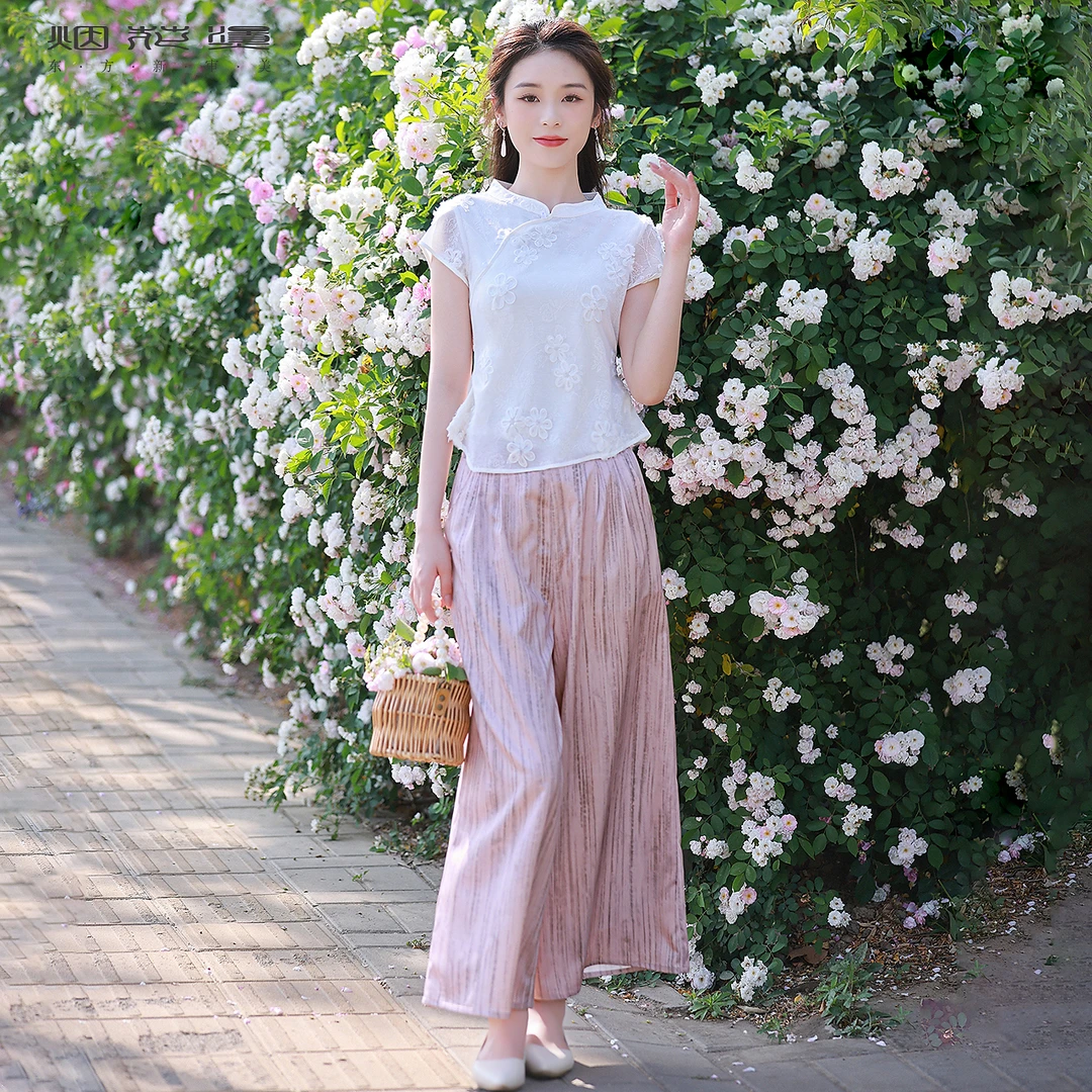 烟花烫新中式气质套装女装 2025夏季新款唯美衬衫阔腿裤 微禾禾微