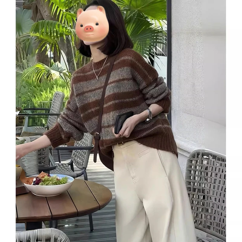 巨好看的早秋轻熟撞色条纹马海毛毛衣女秋冬宽松慵懒风针织衫上衣