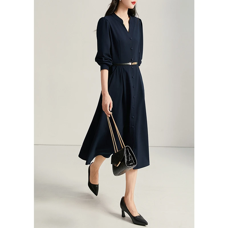 【唐顿庄园】法式复古泡泡袖 收腰显瘦V领长袖衬衫连衣裙女秋赠腰带