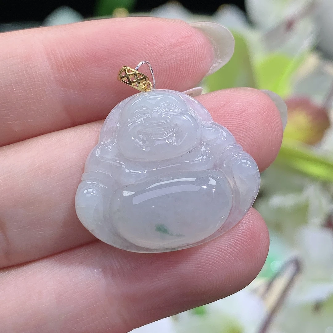 4.43g 水润 飘绿 佛公 吊坠 18m金扣头缅甸翡翠A货 22.4×25.9×5.6