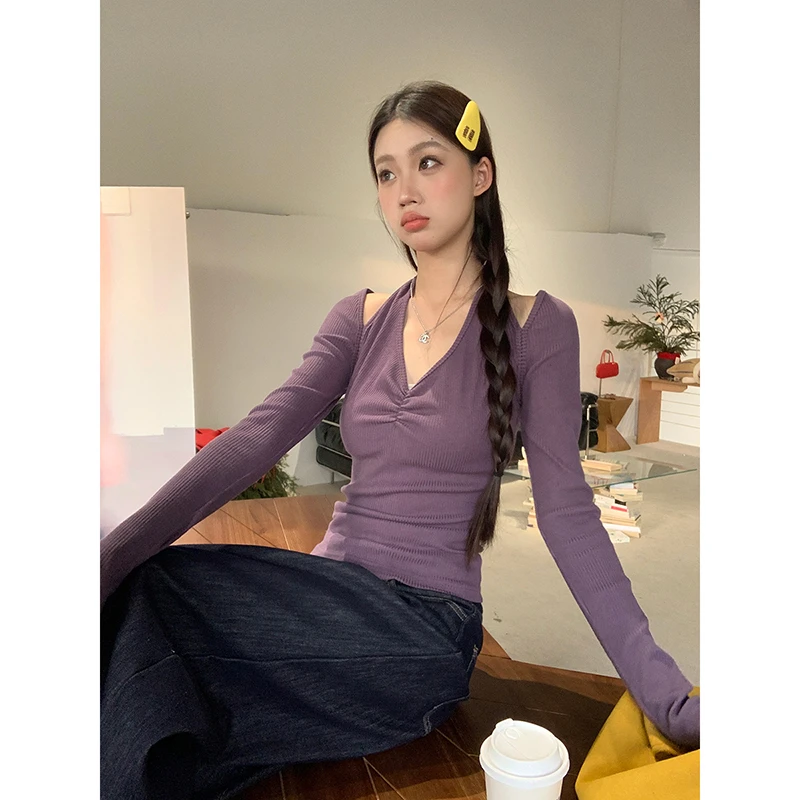 【紫罗兰】春秋显瘦长袖内搭修身气质小众纯欲纯色打底衫244N3933#