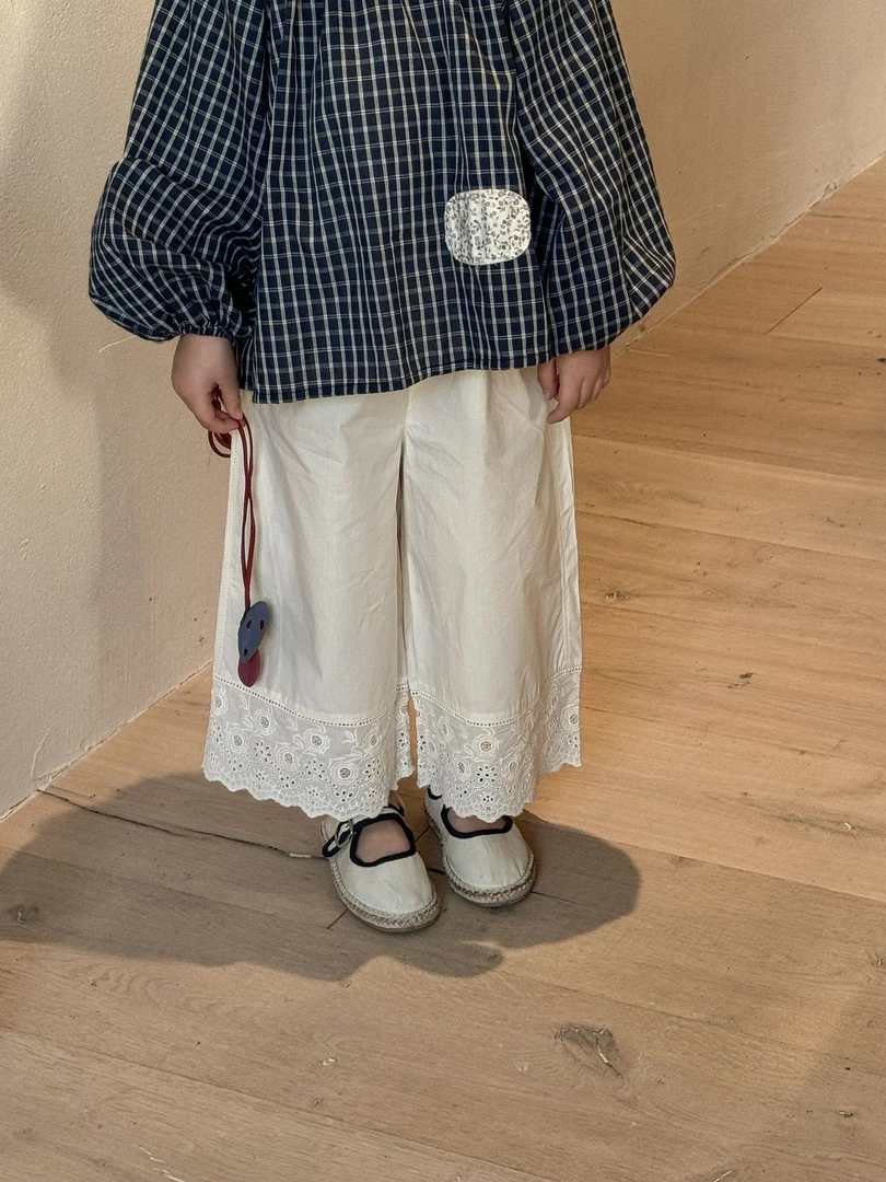 童裤2025春款新品韩版童装高级拼接纯色蕾丝宽松女童直筒裤