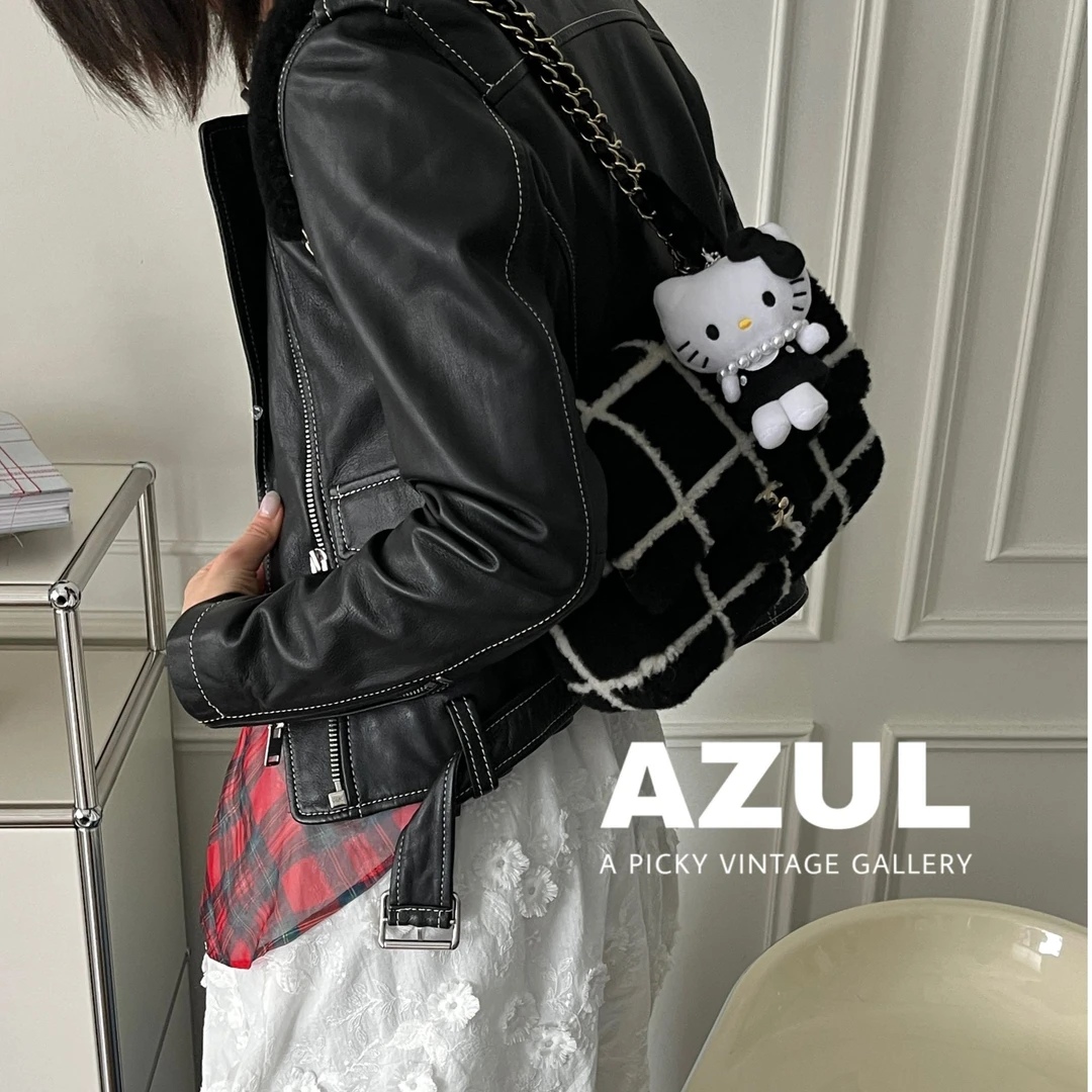 95新 Chanel/香奈儿 Azul-21B黑白格纹羊羔毛CF单肩包/48827