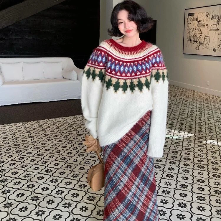 酒午自制【续曲】2024冬季圣诞格纹显瘦鱼尾高腰半裙含羊毛KLF4009