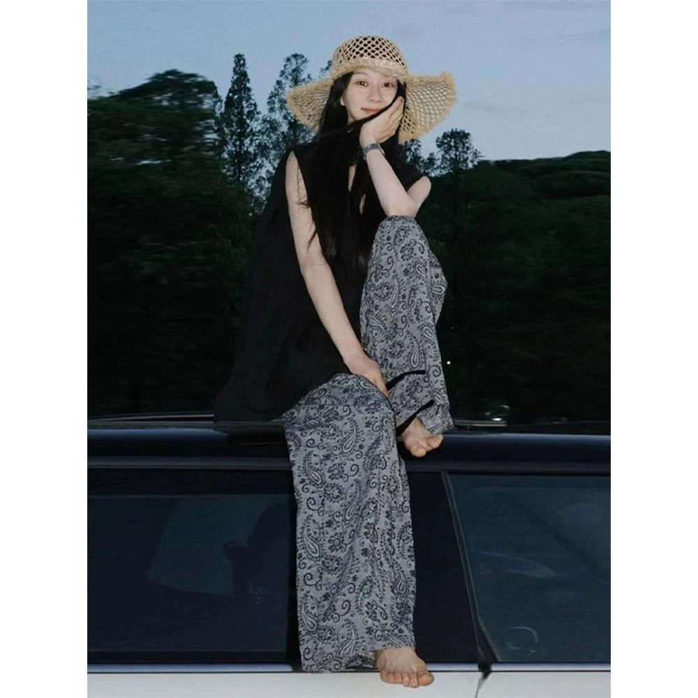 灰色印花阔腿休闲裤宽松慵懒风通勤穿垂感显瘦夏日松弛感裤子薄款