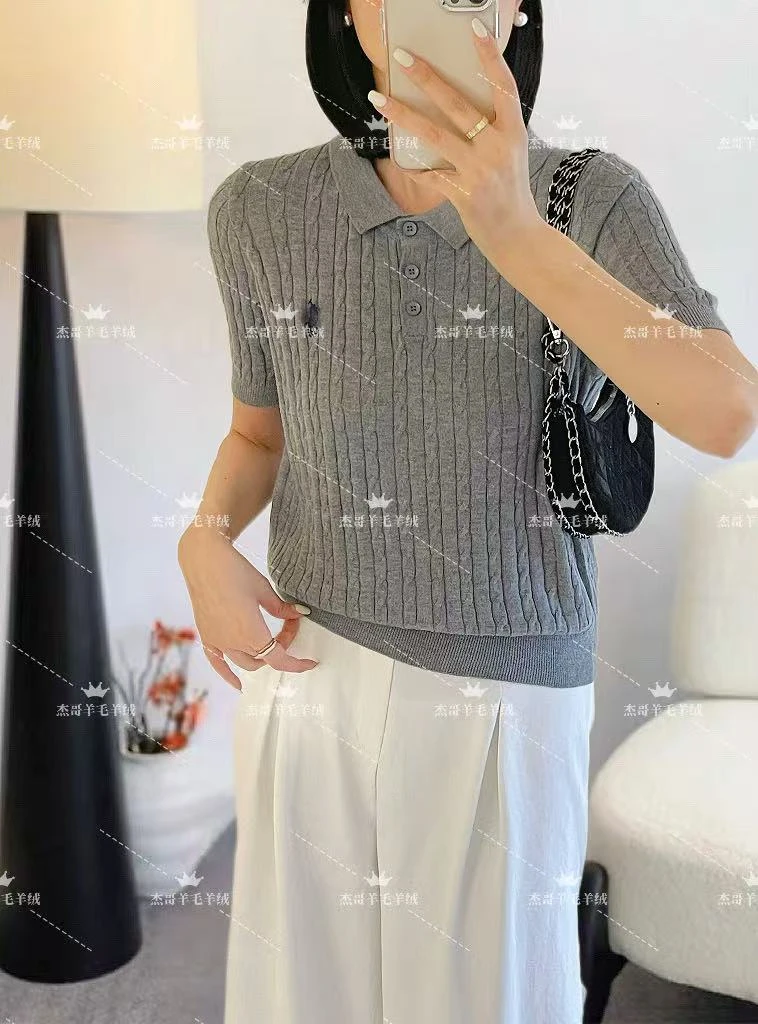 小马休闲POLO衫上衣女夏季2025新款复古正肩百搭翻领针织短袖813