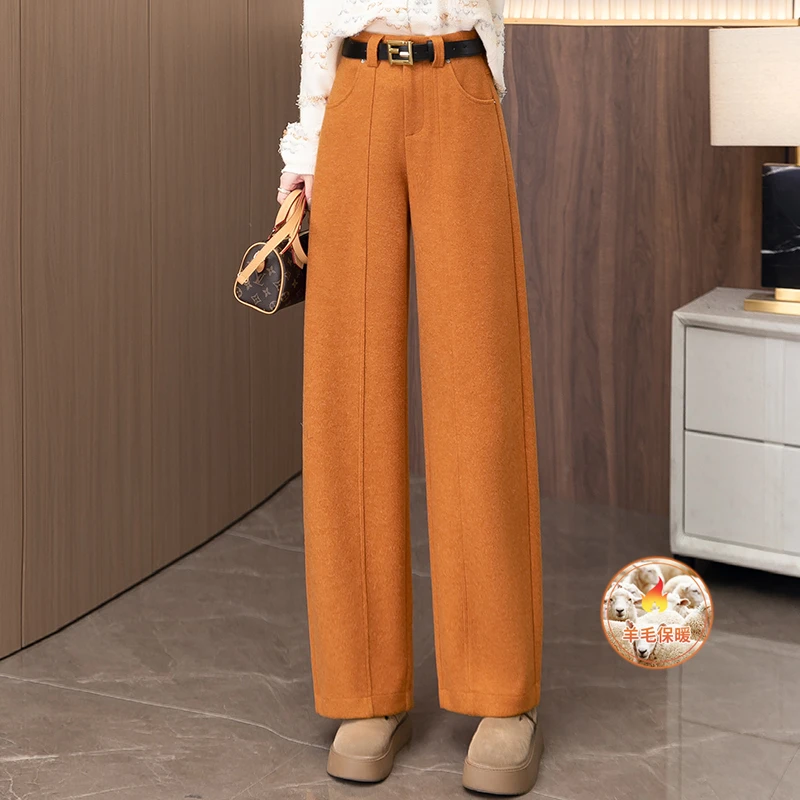 高端羊毛呢弯刀裤女秋冬2025新款加厚高腰抗皱显瘦保暖休闲直筒裤