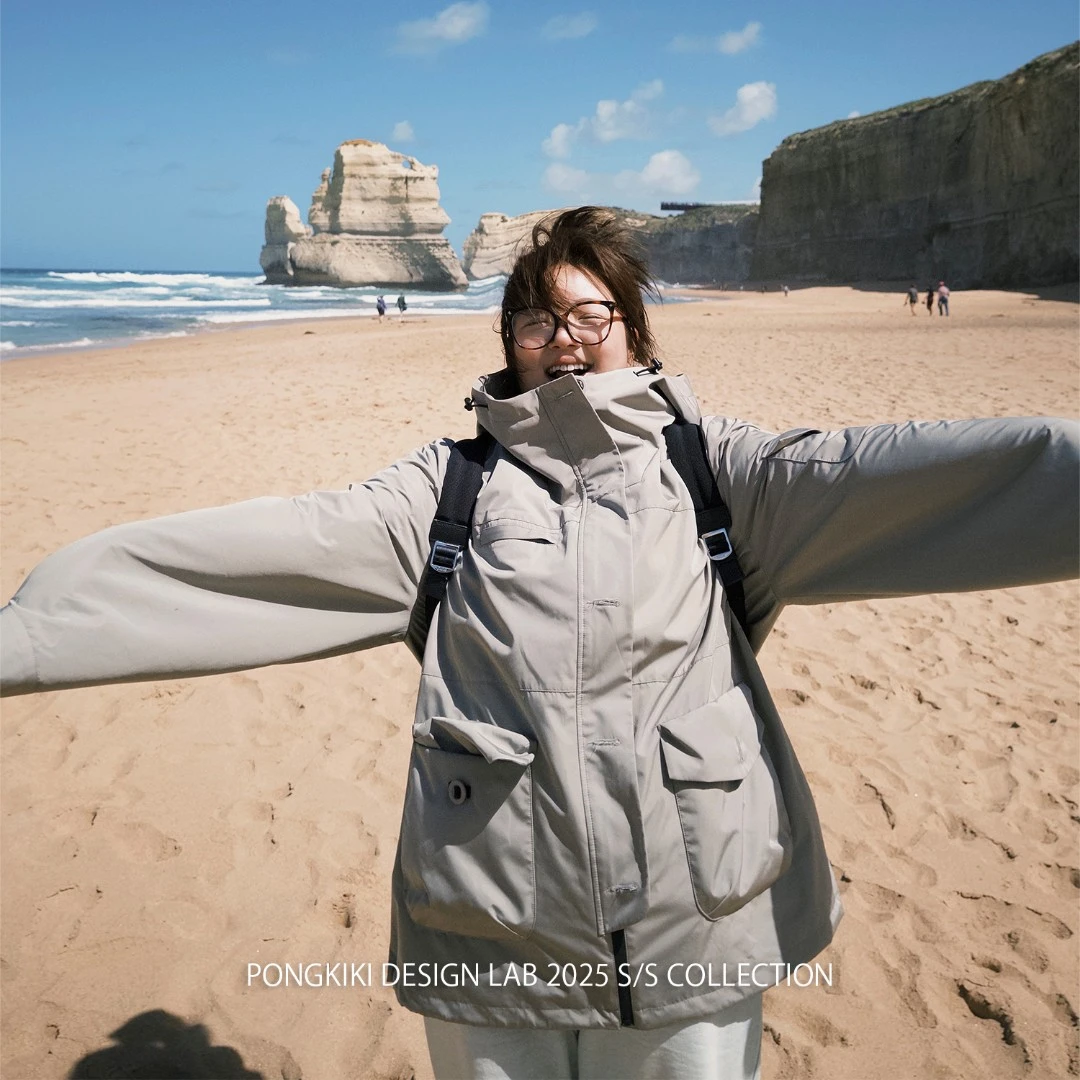 老章和小胖PONGKIKI连帽冲锋外套女大码春季新款宽松百搭户外夹克
