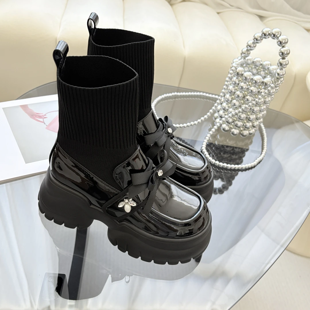 秋冬内增高厚底胶粘复古袜靴高跟秋季一脚蹬英伦风英伦2070-21