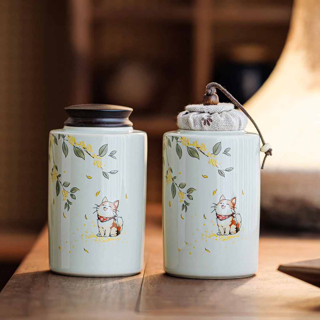 慢茶道草木灰桂花猫防潮茶叶罐家用高档精致便携陶瓷密封储茶罐