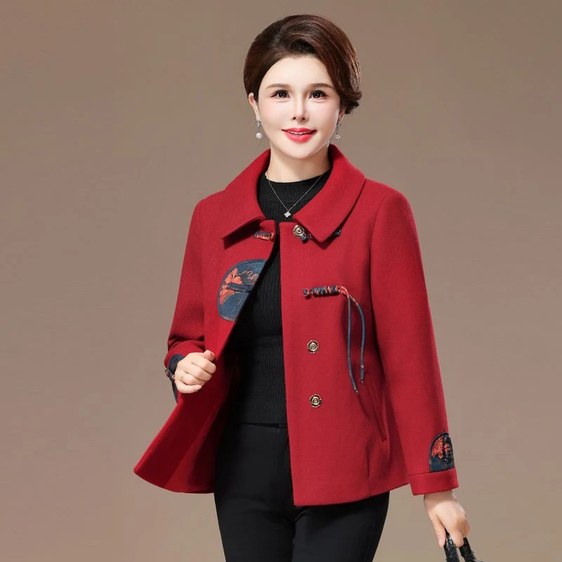 新中式国风冬上衣拼接毛呢时尚洋气高档绣花外套金688国风外套