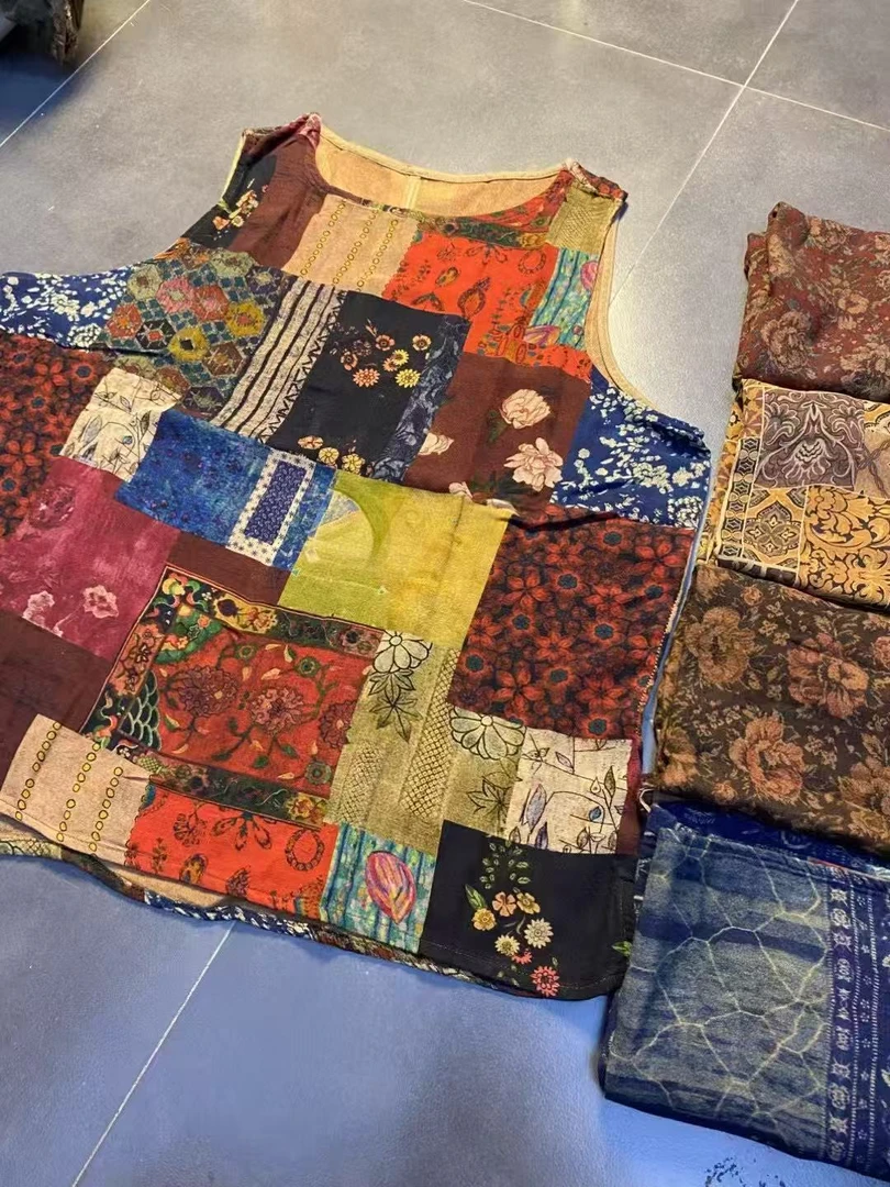 妤忆女装复古做旧民族风印花棉纱背心女宽松舒适无袖上衣Sy8002