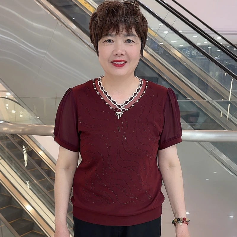 2833 夏季中老年洋气妈妈装休闲简约宽松拼接棉质百搭V领短袖