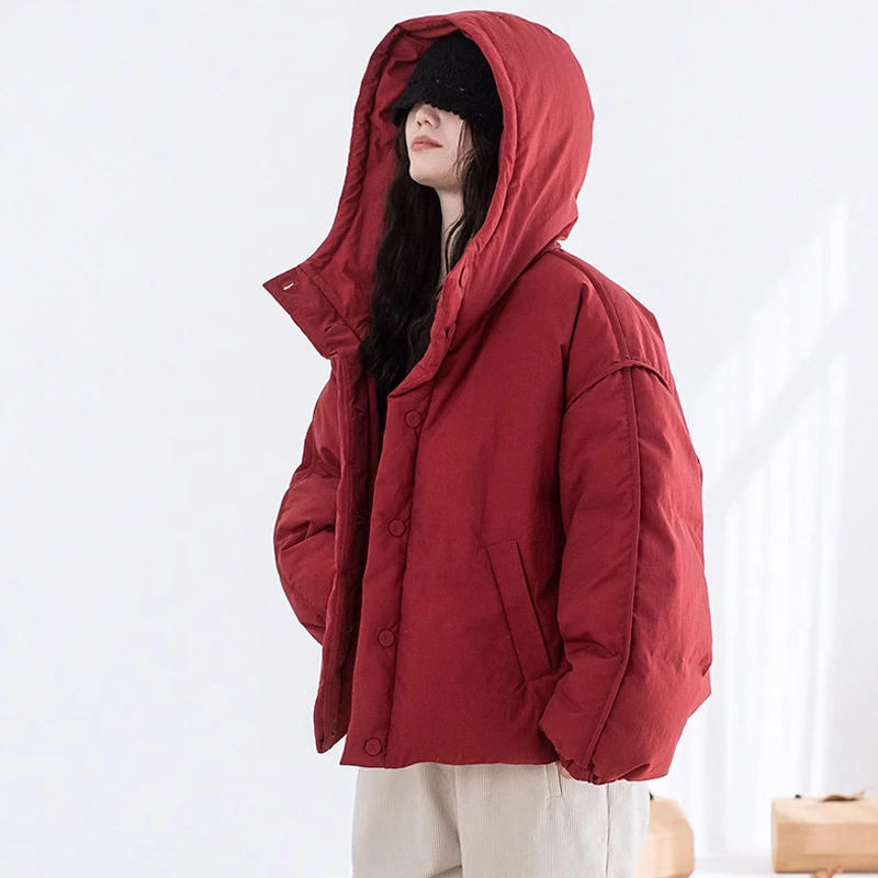 秋冬新款红连帽防泼水加厚羽绒服女保暖外套厚