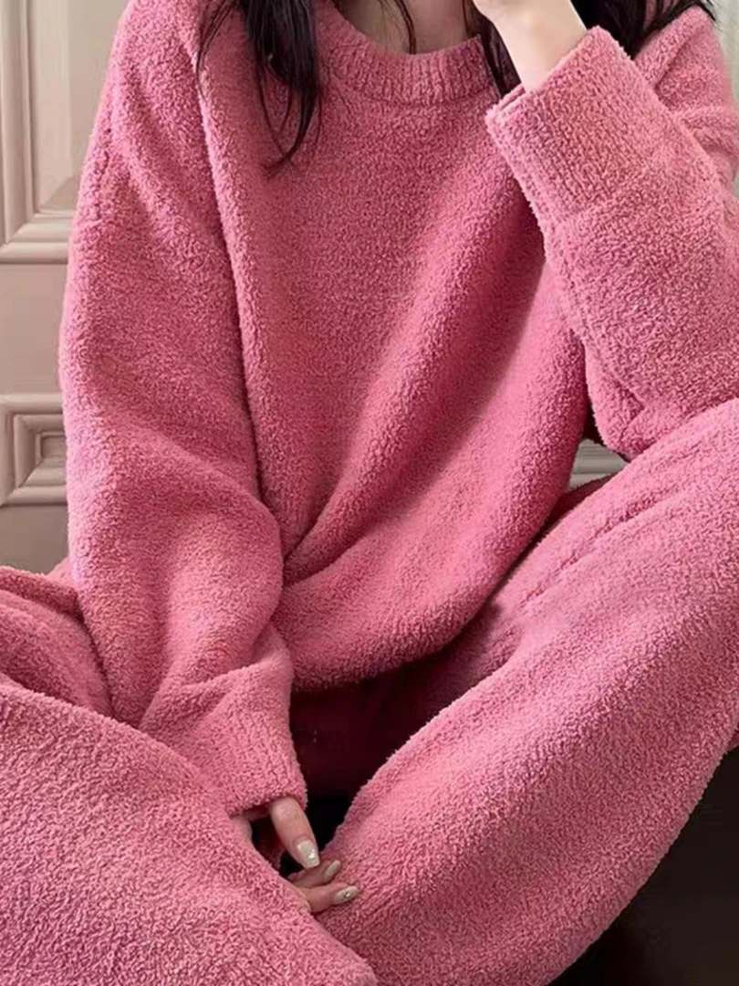 简约高级感纯色半边绒睡衣女秋冬新款保暖舒适长袖长裤家居服套装