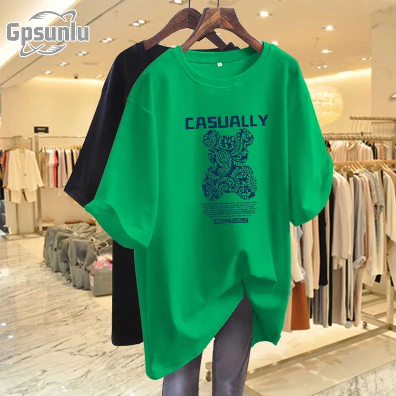 gpsunlu中长款大版恤短袖女新款时尚大码宽松小熊圆春秋长袖t恤