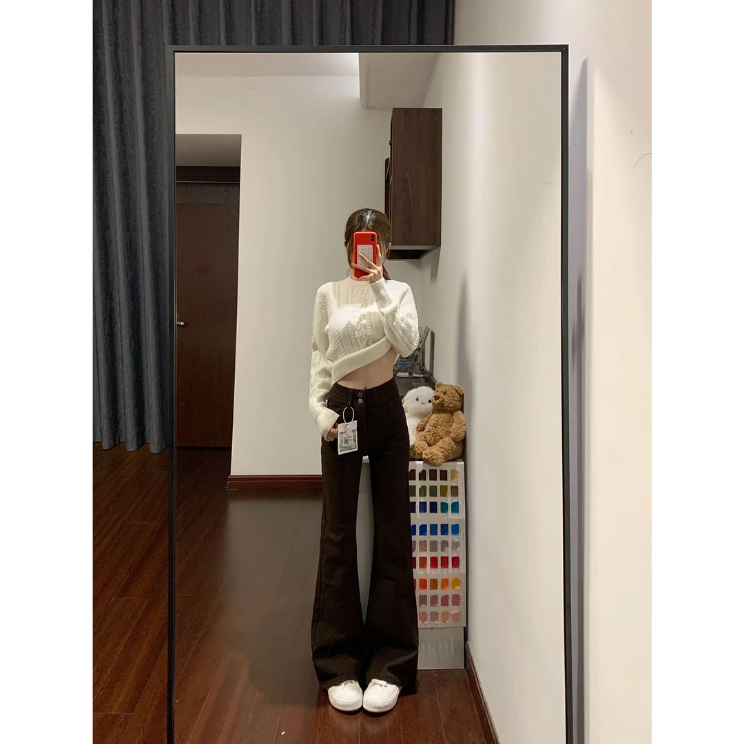 2025加绒甜酷风咖啡色微喇叭裤双扣弹力高腰显瘦牛仔裤女长裤加长