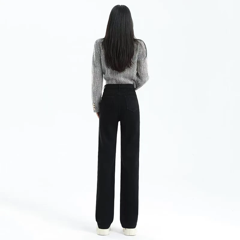 加绒加厚修身直筒牛仔裤女2024秋冬新款高腰修身显瘦百搭垂感长裤