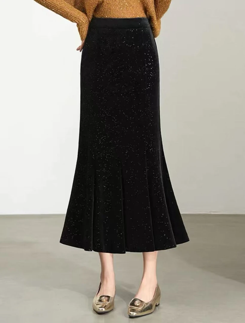 【晨浠定制】新款气质鱼尾摆烫钻丝绒半身裙1012