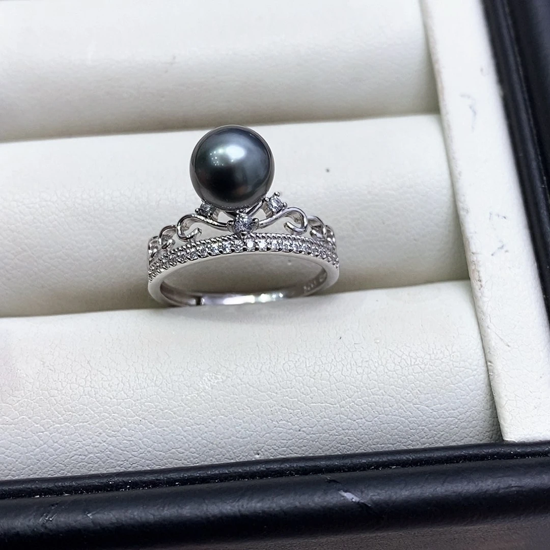 银S925镶嵌戒圈海水珍珠大溪地7-8mm极光