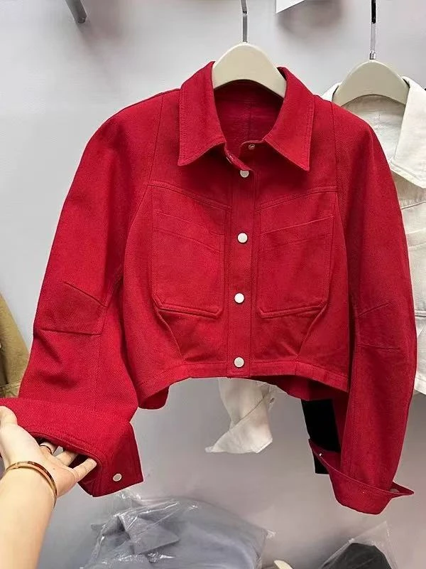 763#060#春季牛仔新款欧货翻领宽松设计感百搭长袖短款衬衫外套