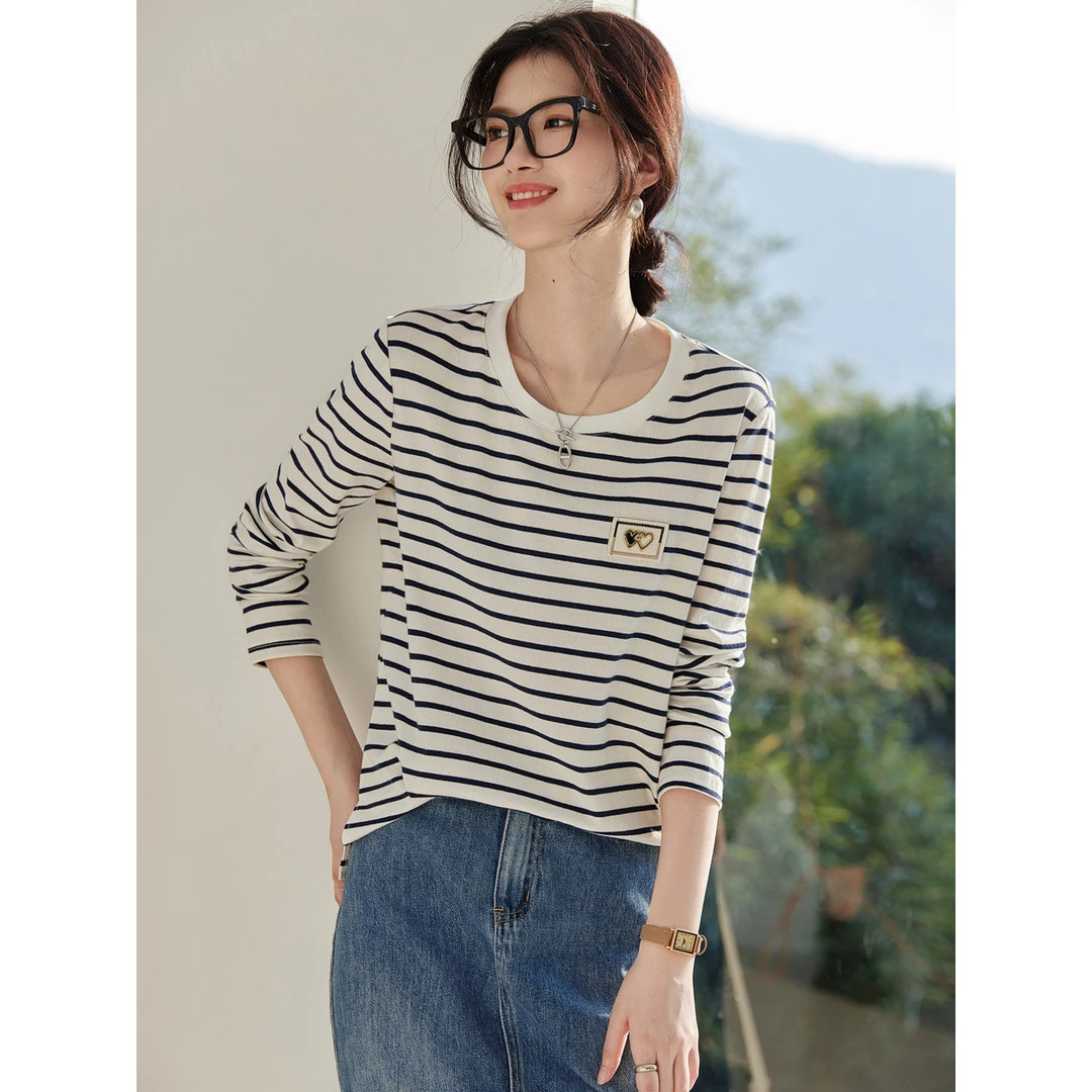 尚静日系黑白条纹圆领T恤2024秋季新款时尚休闲百搭宽松长袖上衣