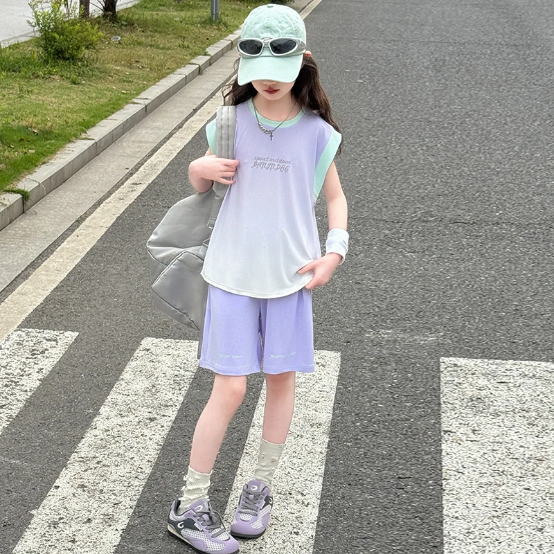 女童套装儿童时尚渐变无袖运动两件套夏季3-15岁女孩薄款休闲百搭