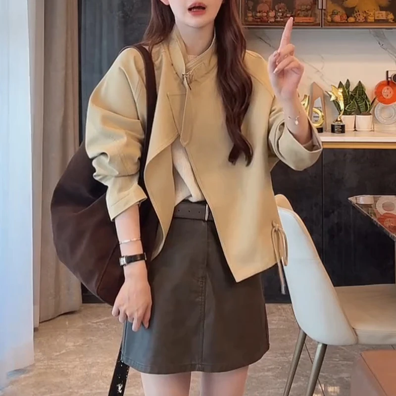 韩系休闲时尚抽绳收腰风衣外套女2025春秋季宽松立领夹克开衫上衣
