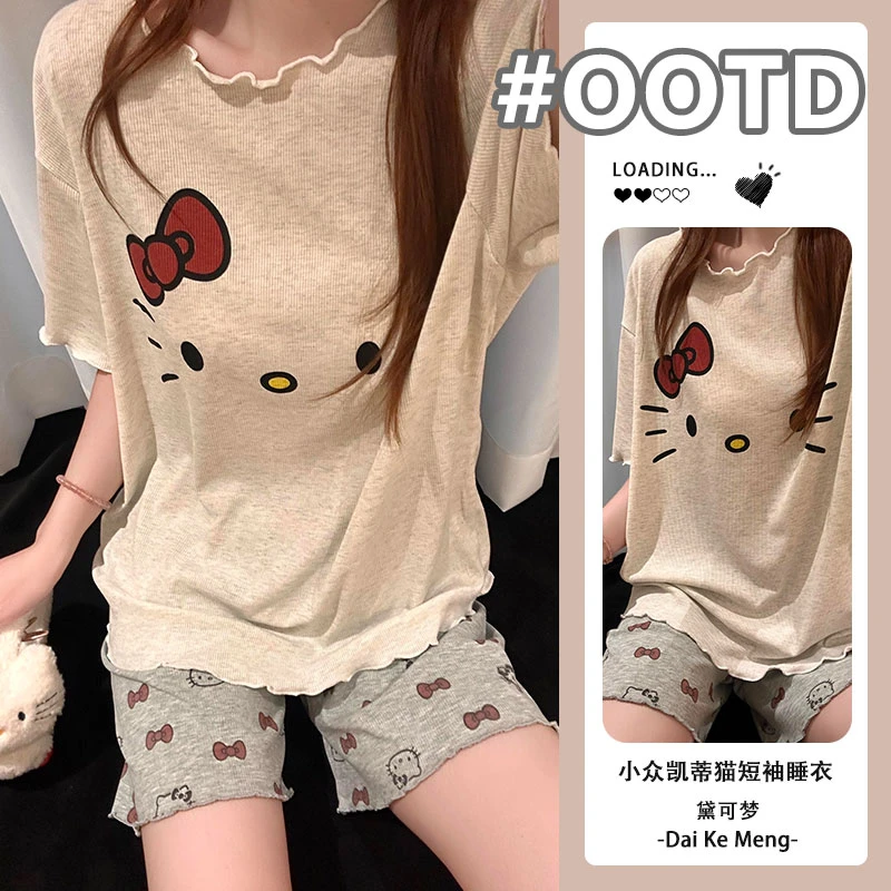 kitty懒人短袖T恤休闲短裤套装韩版少女风家居服宽松夏季薄款睡衣