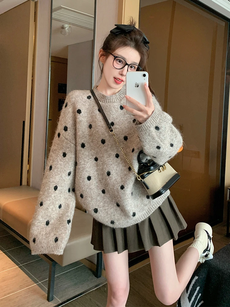 卡其色波点套头毛衣女2025新款秋冬加厚宽松休闲慵懒风内搭针织衫
