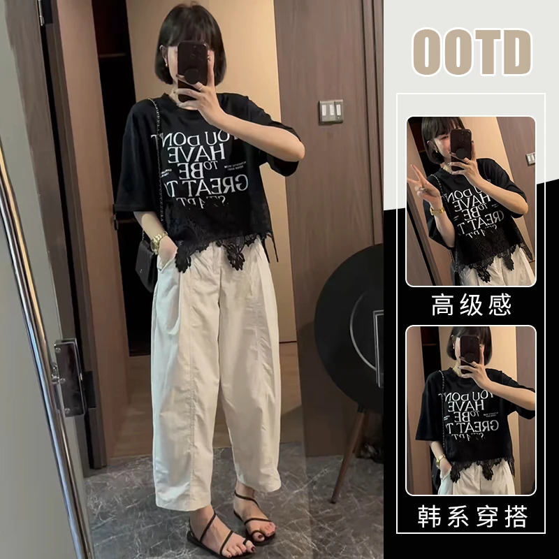 独特别致套装夏季蕾丝拼接上衣高腰垂感显瘦休闲裤港味百搭两件套