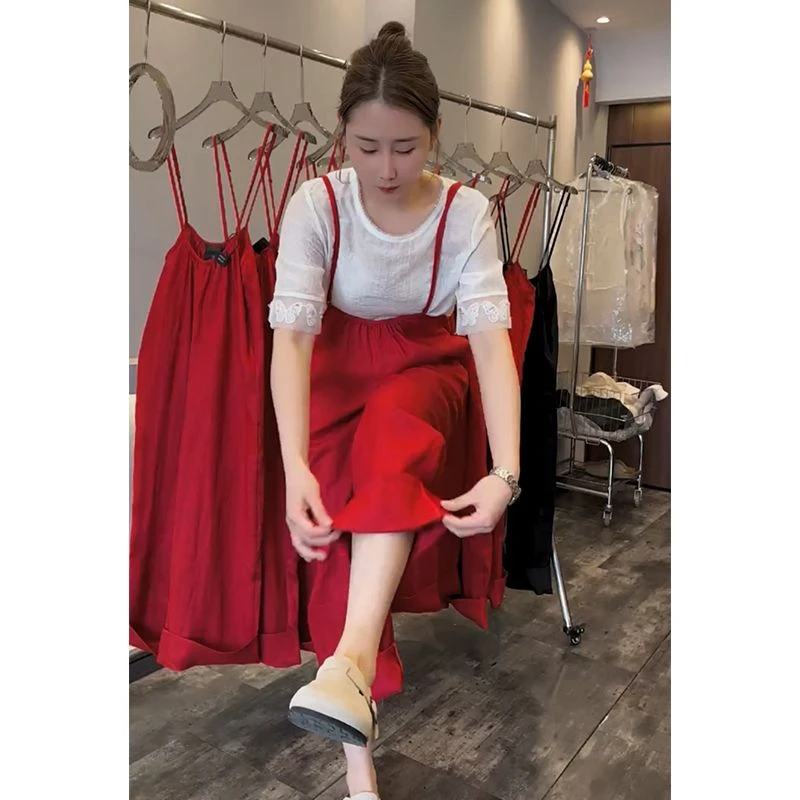 韩系休闲减龄纯色背带麻裤欧洲站2025夏季新款时尚简约显瘦长裤潮