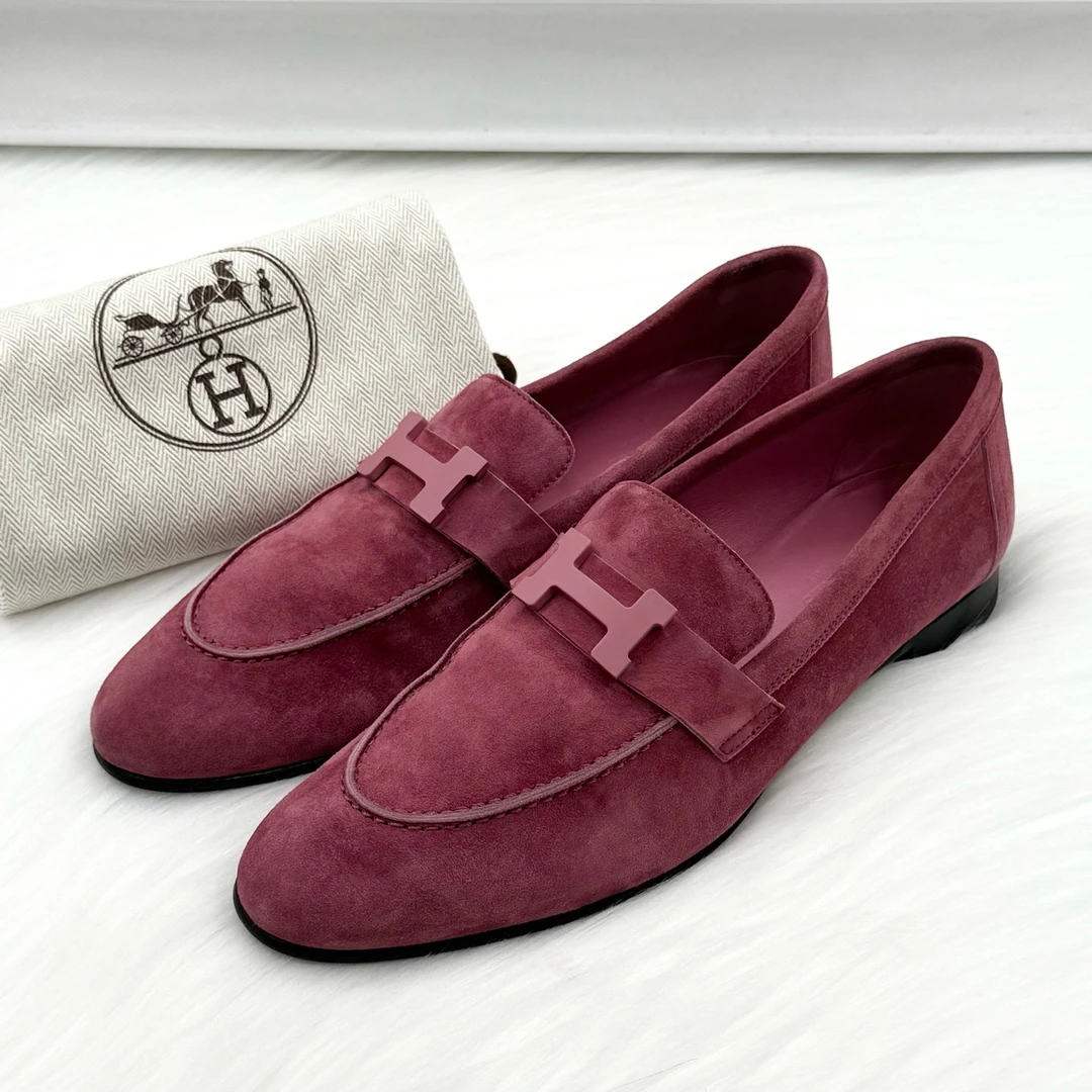 95新 Hermes/爱马仕 玫红色麂皮乐福鞋 38.5码 公价9k zy083