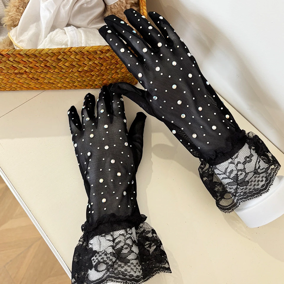 满印烫钻蕾丝网纱花边手套 夏季薄款透气婚庆表演舞台cos