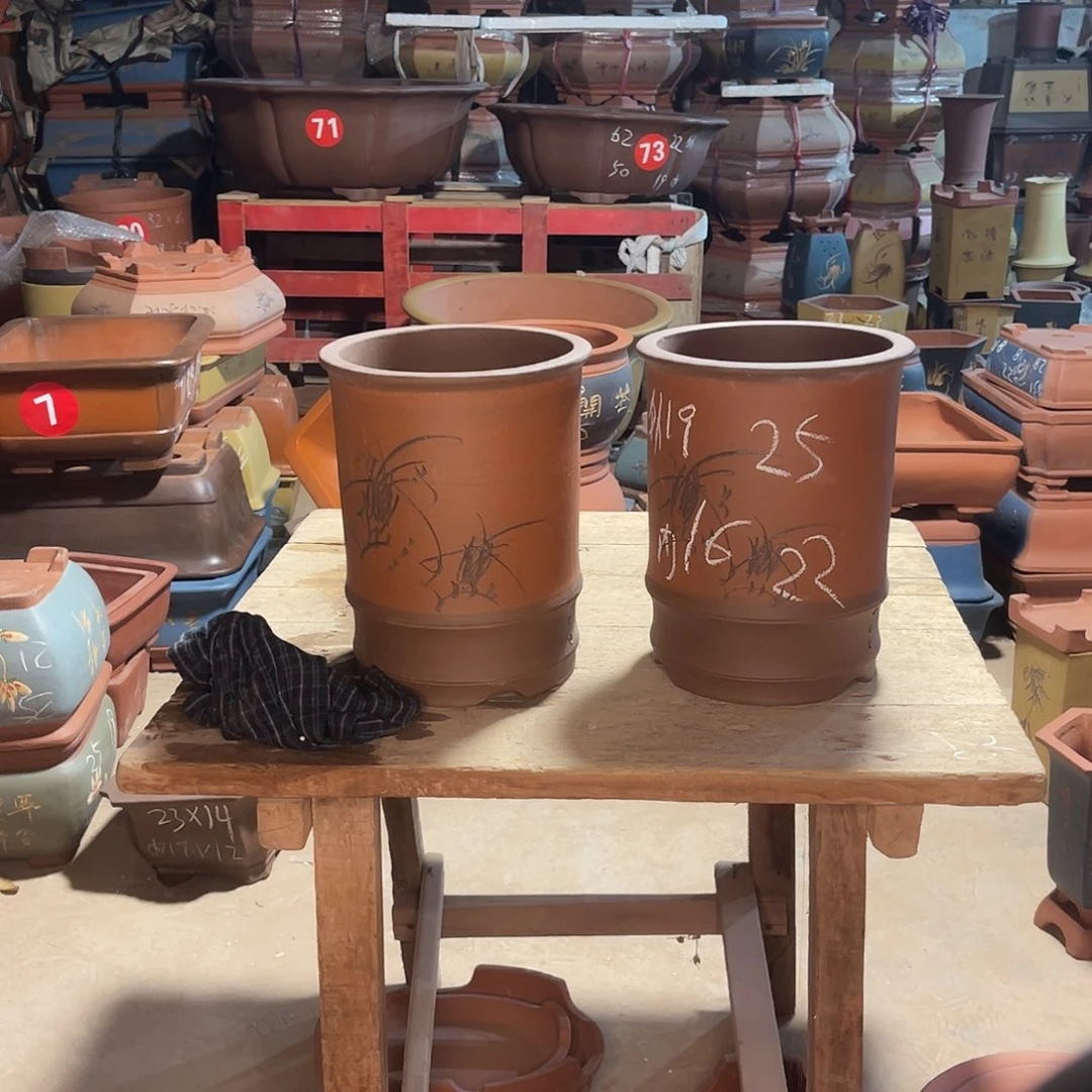 紫砂花盆竹节盆两个