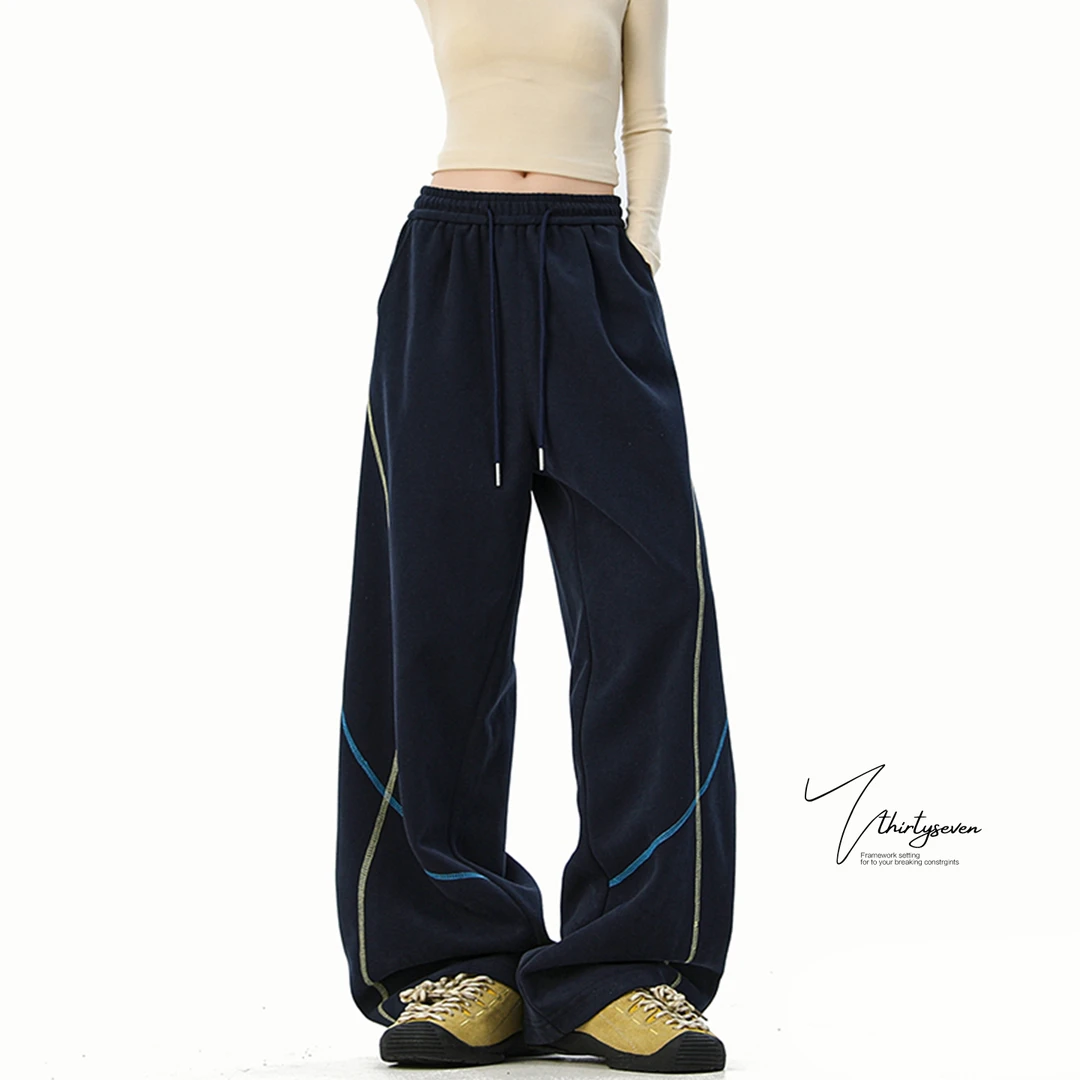 V37美式撞色哈苏线卫裤男秋季hiphop条纹弯裤宽松直筒阔腿长裤