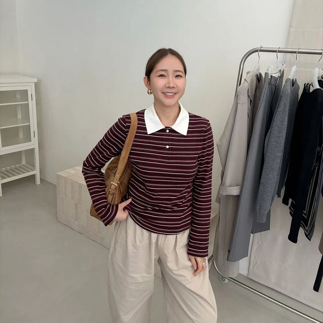 widelia陈魅儿2025秋季新款 极简风女士条纹长袖POLO衫女 808525